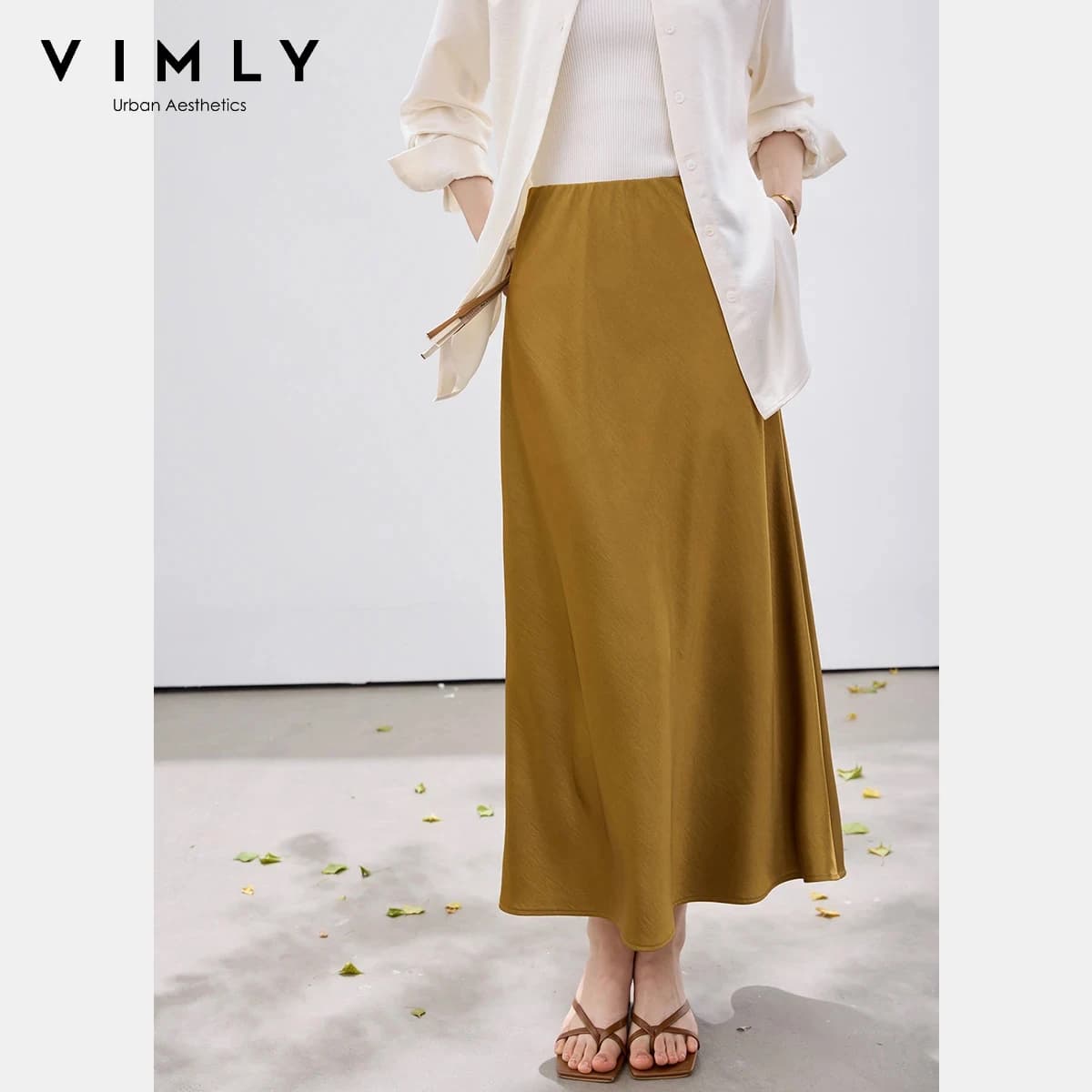 VIMLY Satin A Line Skirt Women 2026 Spring New Minimalist Elegant Mustard Green Flowy High Waist Casual Daily Midi Skirt A5381