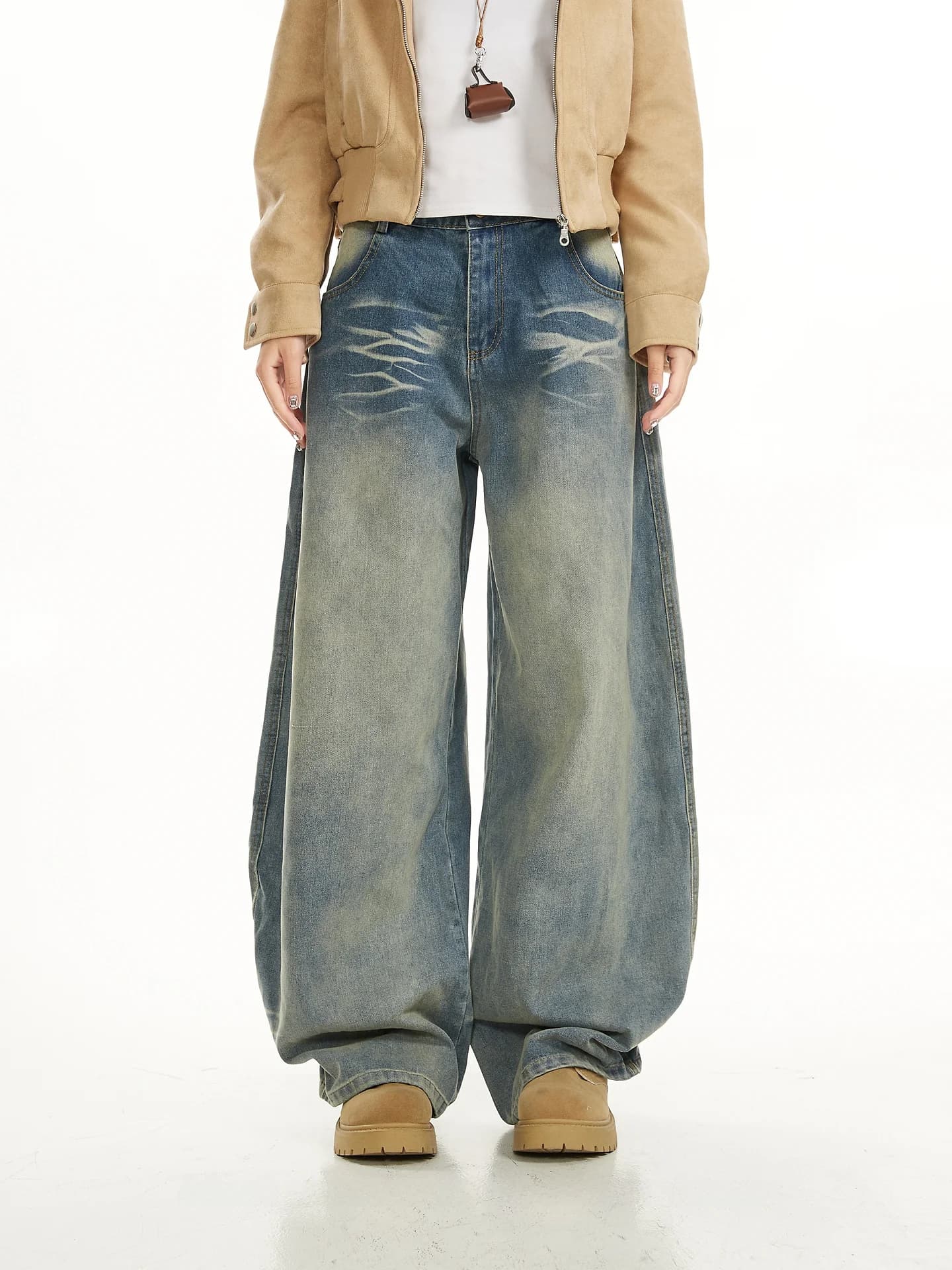 Jeans American Washed Distressed Tie Dye Small Blade da Donna, Nuovi Pantaloni Larghi in Denim con Design Robusto Stile Workwear