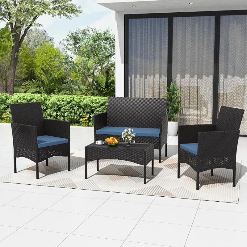 4 Piece Patio Rattan Conversation Set, Outdoor Rattan Chair Wicker Furniture Set, Couple Seats and Tempered Glass Table,Comfort