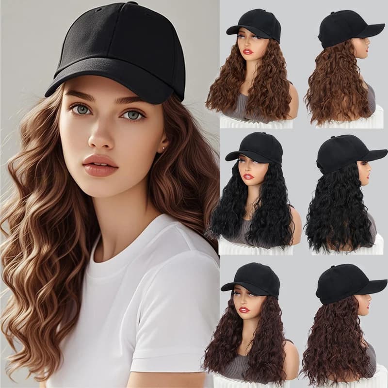Parrucca sintetica per cappello da baseball nera elegante riccia lunga da 18 pollici Capelli resistenti al calore Facile da indossare Versatile per tutte le occasioni