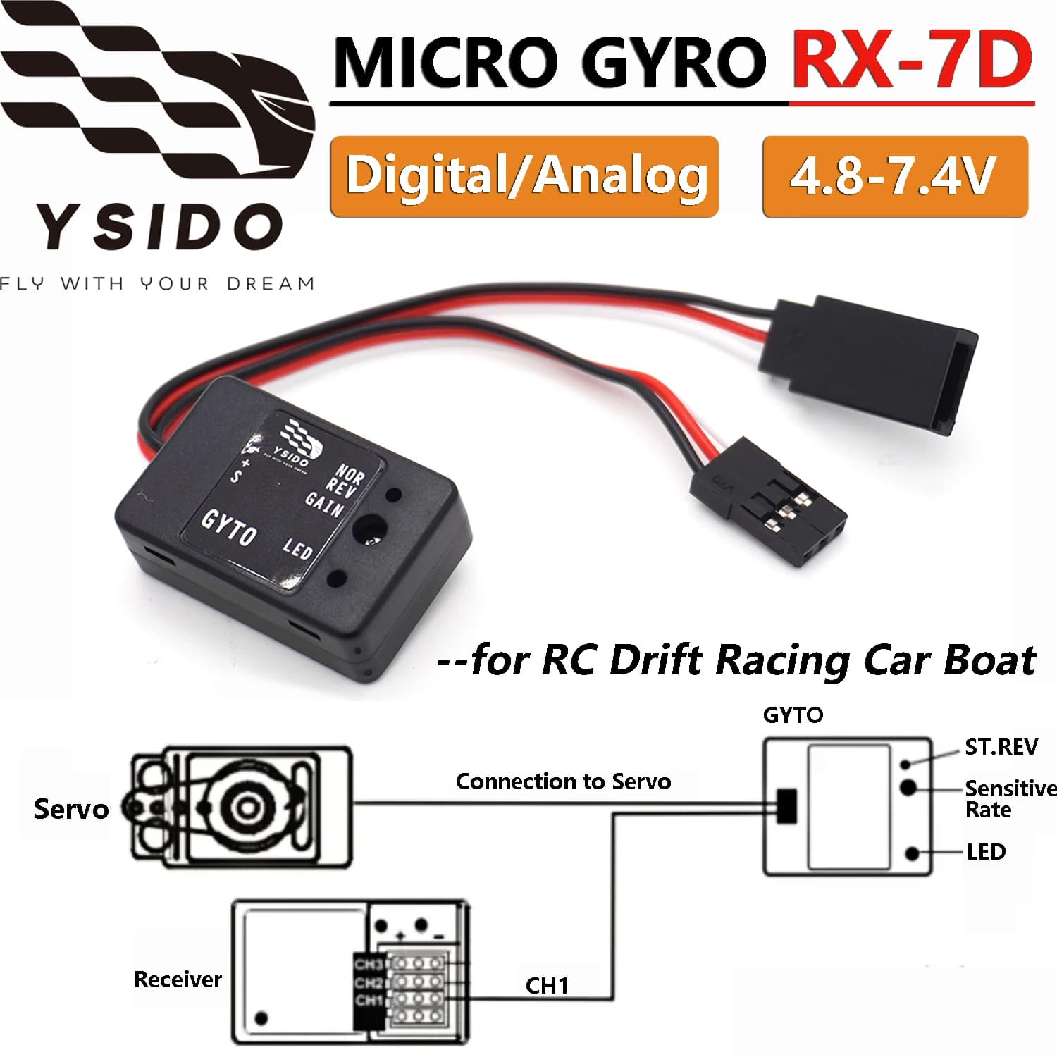 YSIDO Micro Gyro RX-7D Mini Giroscopio 4.8-7.4V Trasmettitore e ricevitore universale digitale/analogico per 1/10 1/12 RC Drift Racing Boat
