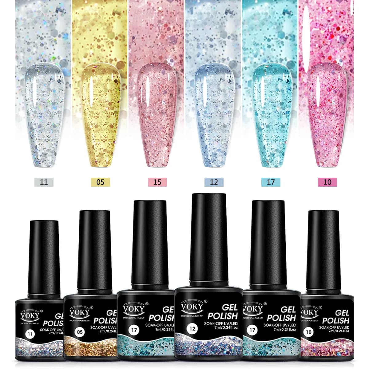 VOKY Set di gel per unghie da 6 pezzi, 21 colori glitterati, con effetti luccicanti, formula senza alcol, adatto per il design delle unghie del salone di casa