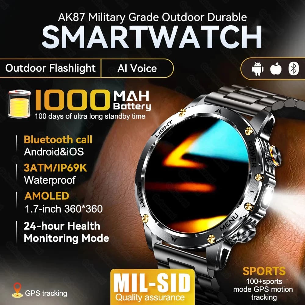 New Men's Smartwatch for Exterior with 1000mAh Battery, 1.7\" Large HD Screen, Flashlight, GPS, 5ATM Waterproof, Bluetooth Calls, Sports Functions
