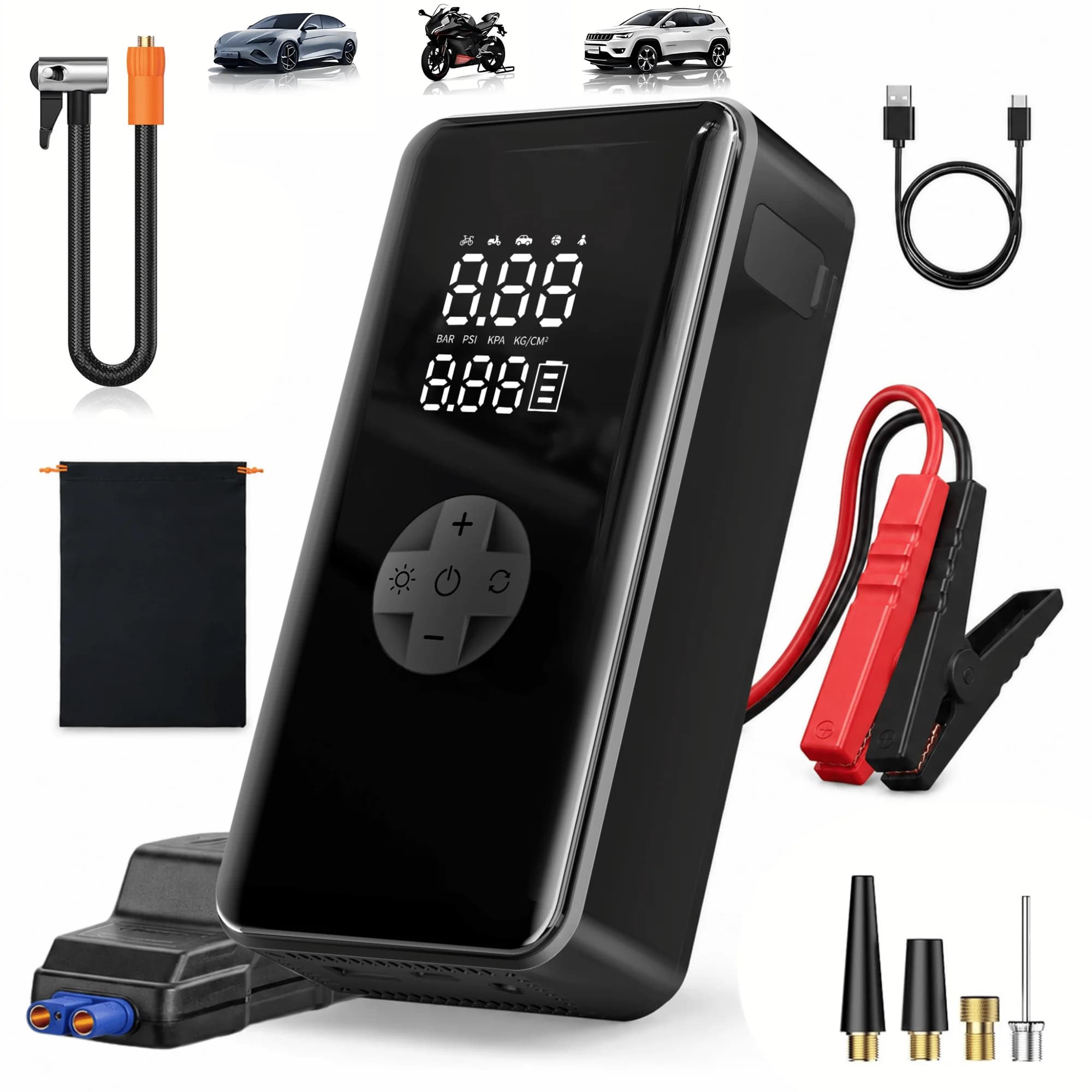 4000A Jump Starter with Tire Inflator, Portable Car Battery Booster with Smart Jumper Clamps for Up to 5.0L Gas 3.0L Diesel Engines, 12V Jump Box with Air Compressor, Digital Tire Pump Power Bank for Cars SUV