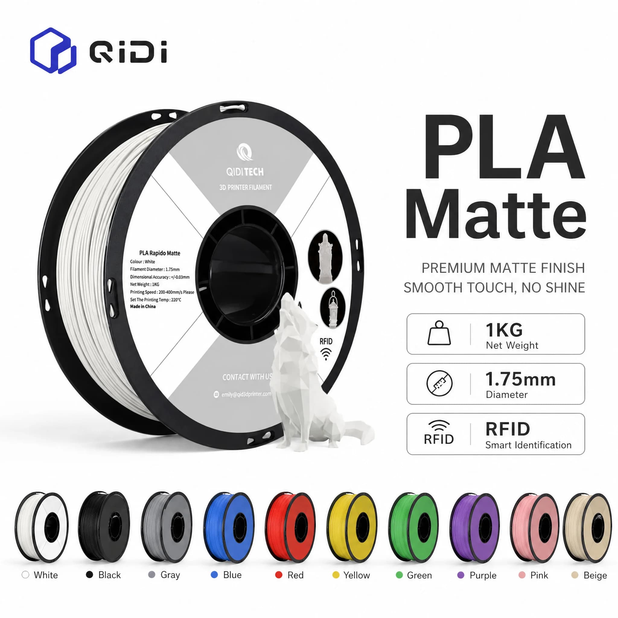 Original QIDI PLA Matte Rapido Filament 1.75mm 1KG High Speed Matte Finish 3D Printer Filament US Local Shipping