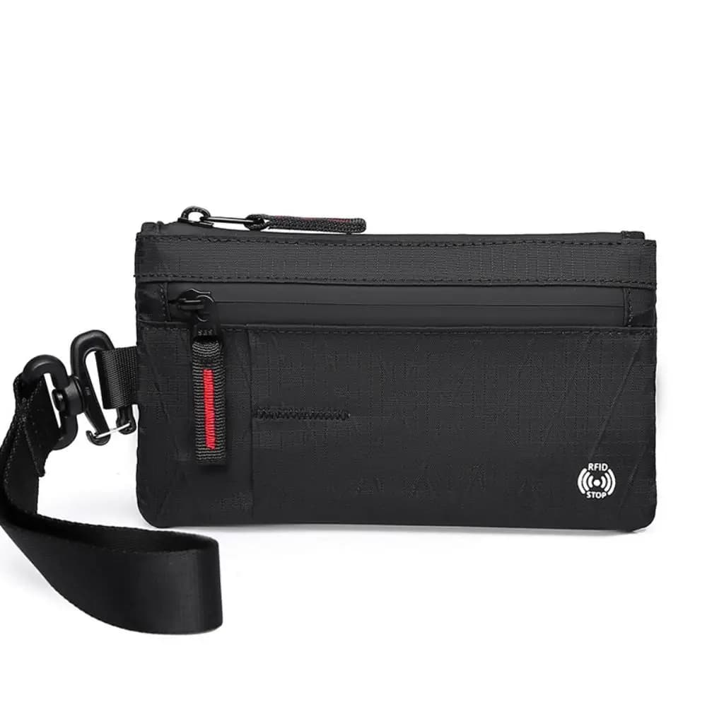 Porta passaporto Pochette con cerniera con blocco RFID con cinturino Portafogli da uomo slim con 3 slot esterni con porta carte di credito con cerniera da viaggio