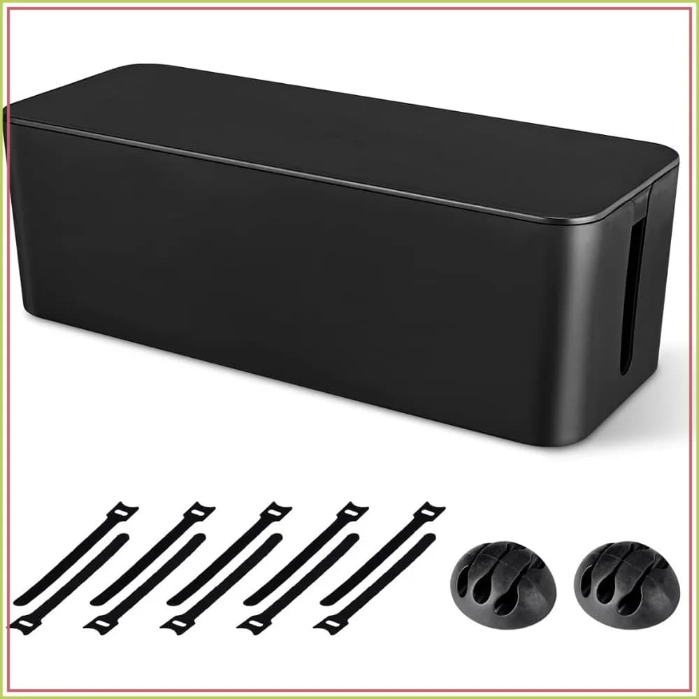 Cable Management Box, Large Cord Organizer to Hide Power Strip & Under Desk, TV Computer Wires Organizer with Cable Clips & Reusable Ties for Home Office