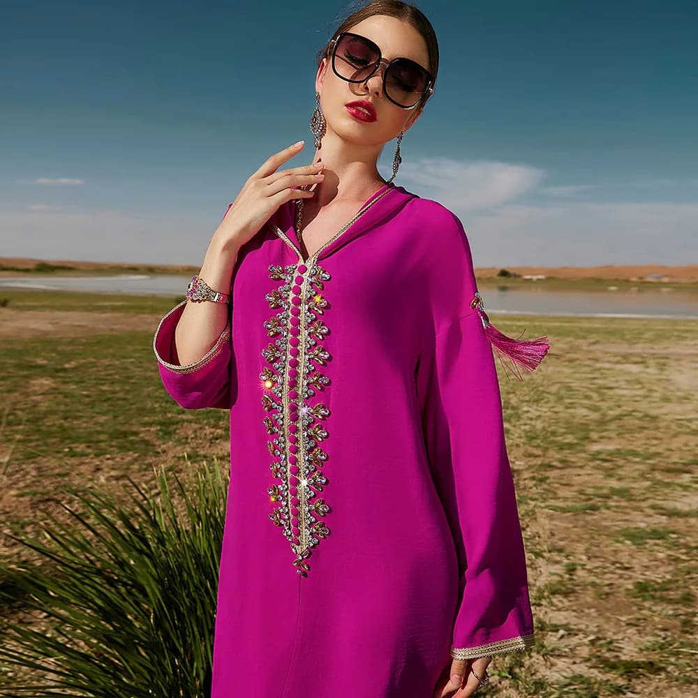 Luxury Dubai Abaya Diamonds Caftano Jalabiya Eid Djellaba Women's Moslem Dress With Hood Veste Femme Muslim Dresses Islam Clothing