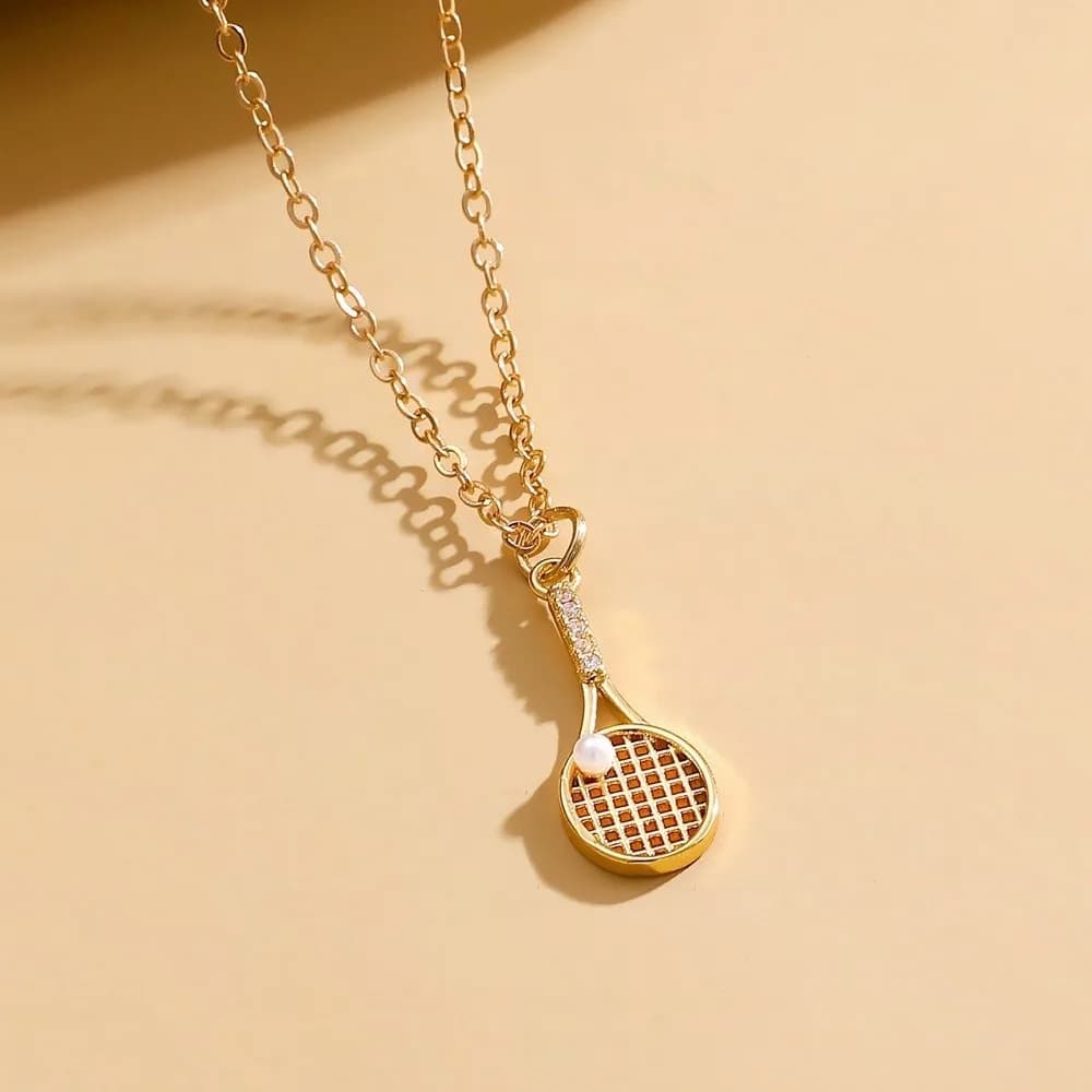 Zircon Tennis Racket Gold Color Rhinestone Decorated Pearl Tennis Ball Pendant Alloy Racquet Clavicle Chain Collar Jewelry