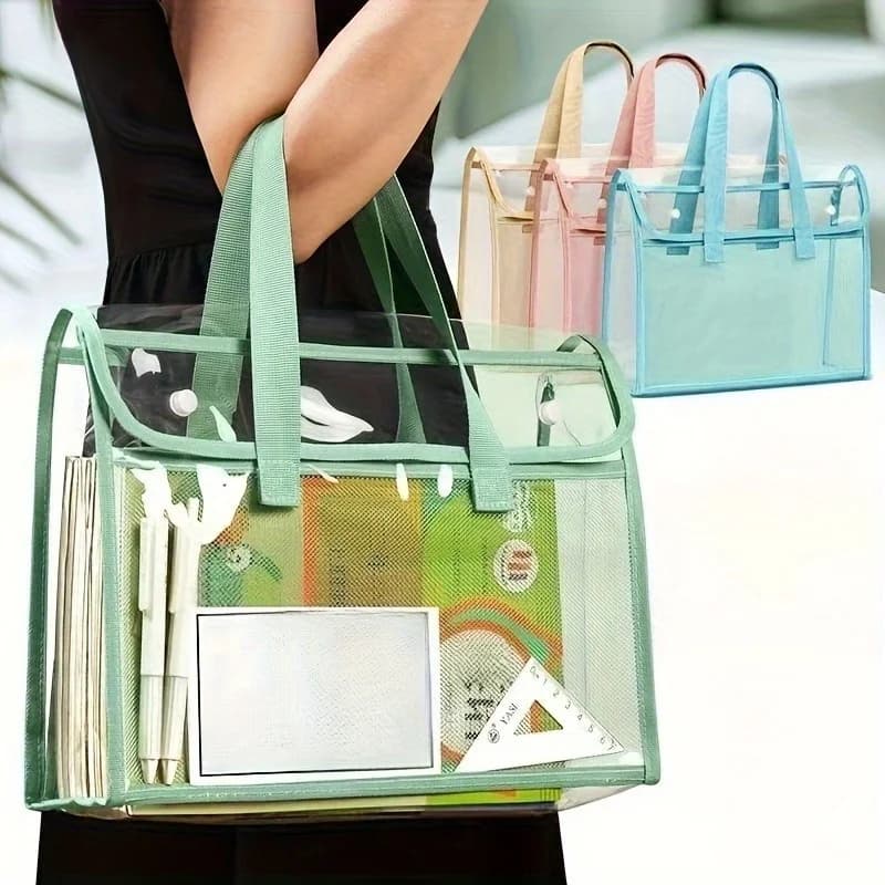 Borsa per lo studio portatile di grande capacità, in PVC trasparente, organizer per documenti, per la scuola elementare, per conservare fogli di test e materiale scolastico (1 pezzo)