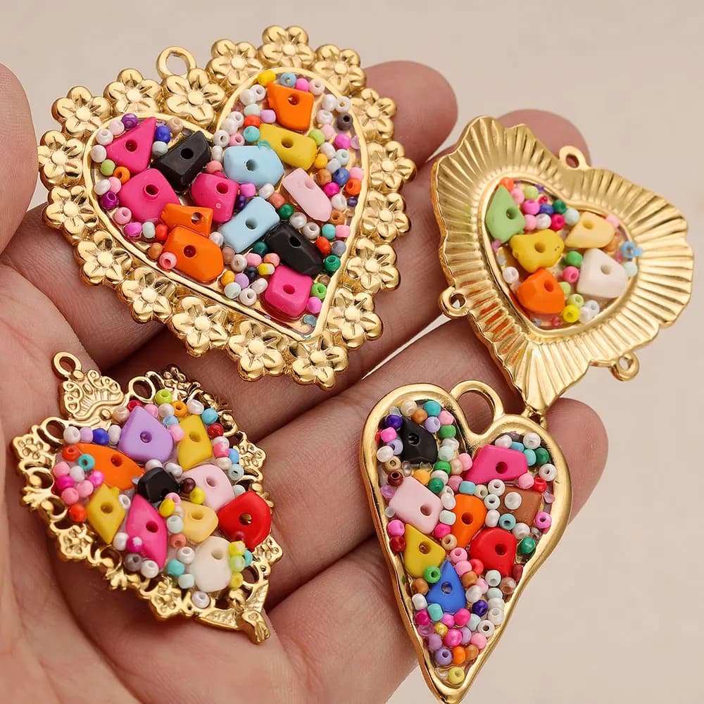 2pcs Stainless Steel Beaded Heart Charms for Jewelry Frame Love Pendant Earrings Making Supplies Charm Connectors Diy Findings