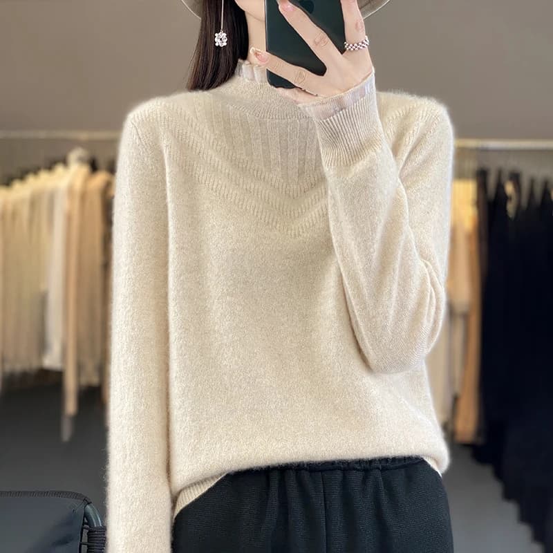 Donna 100% maglione di lana Merino collo mezzo alto lavorato a maglia in legno con bordo dell'orecchio Pullover autunno inverno addensato maglieria Casual Top