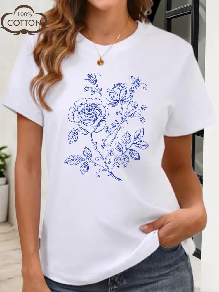 T-shirt Grafica da Donna Two Flowers, 180G Cotone, Girocollo, Manica Corta, Casual per l'Estate e l'Uso Quotidiano