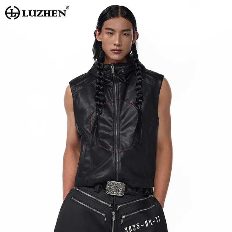 LUZHEN 2025 Nuovo Streetwear In Pelle PU Con Cappuccio Gilet Senza Maniche Giacca da Uomo Moda Stella a Cinque Punte Gilet Originale JY2930