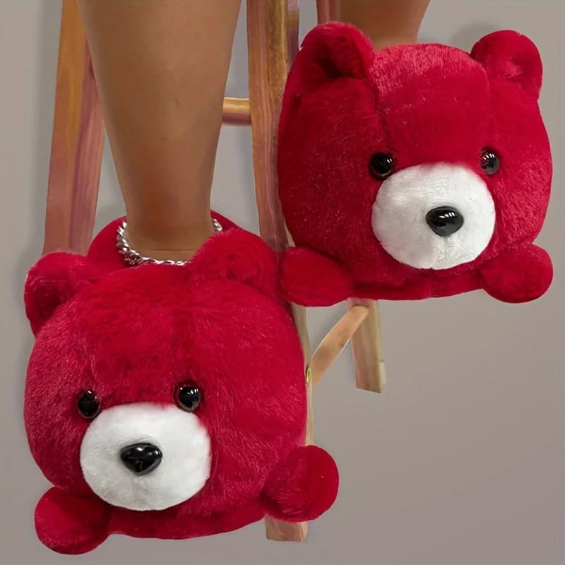 Cute And Fun Indoor Slippers Big Head Red Bear Design Perfect for Keeping Warm at Home