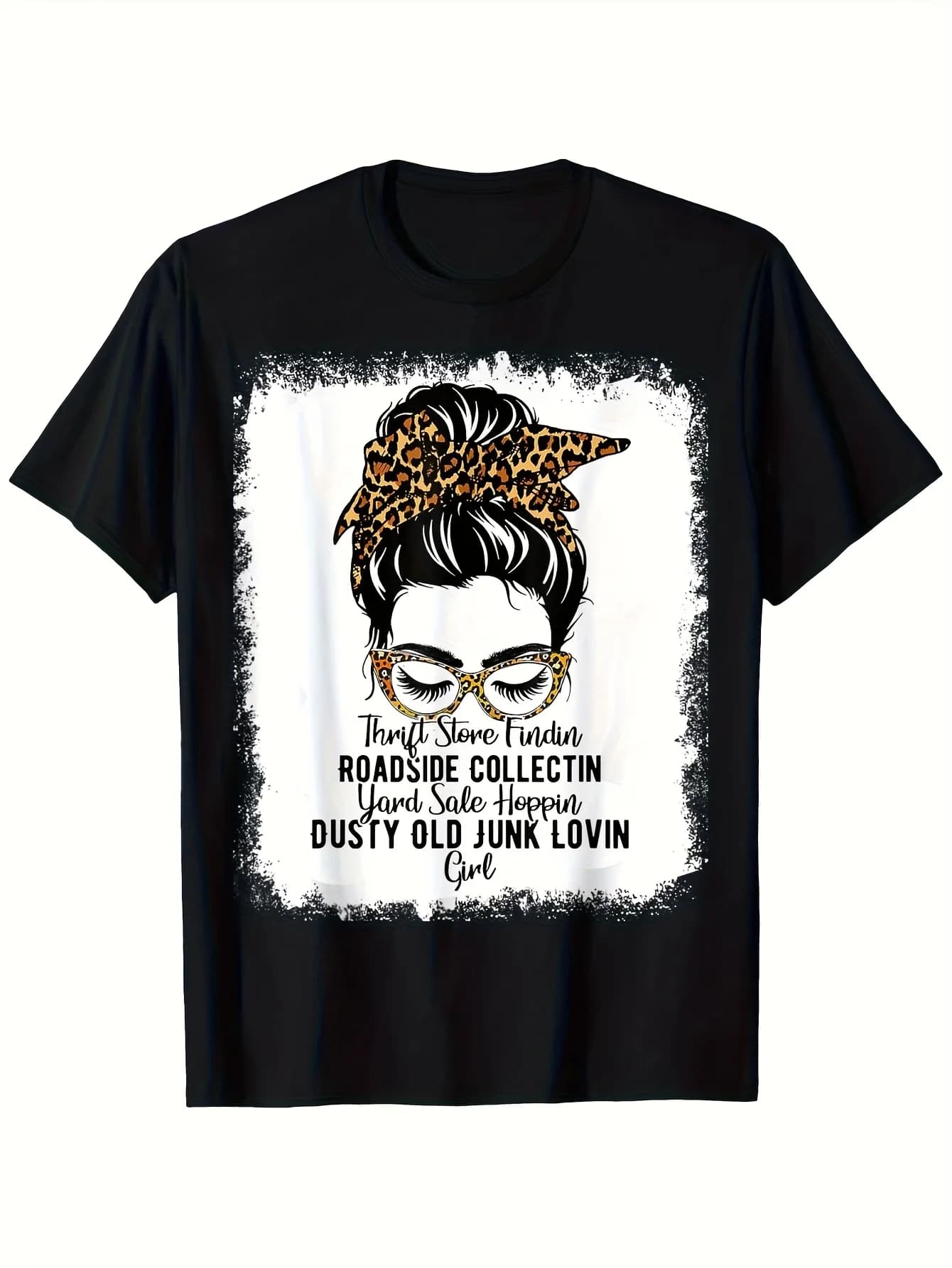 Vintage Women's T-shirt from the Thrift Store series with Leopard print and aged effect print, 180g, 100% pure cotton