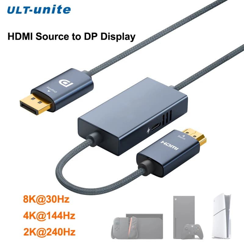 Active HDMI to DisplayPort Cable 8K30Hz, Unidirectional 4K144Hz HDMI Source to DP Display 2K240Hz Cable for Switch PS5 XBox
