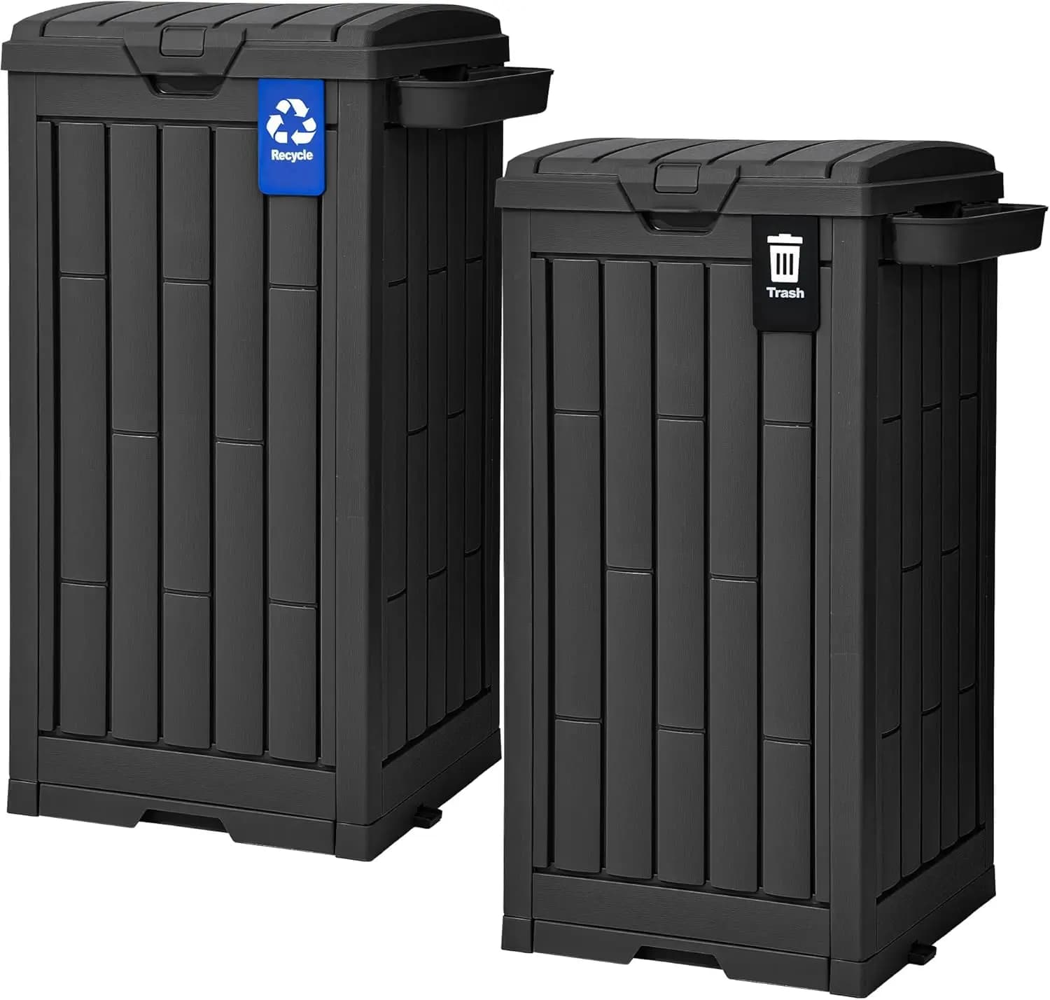 Set di 2 Pattumiere da Esterno da 38 Galloni in Resina con Coperchi, Include 2 Etichette per la Raccolta Differenziata, Contenitore per Ceneri, Picchetti e Ventose