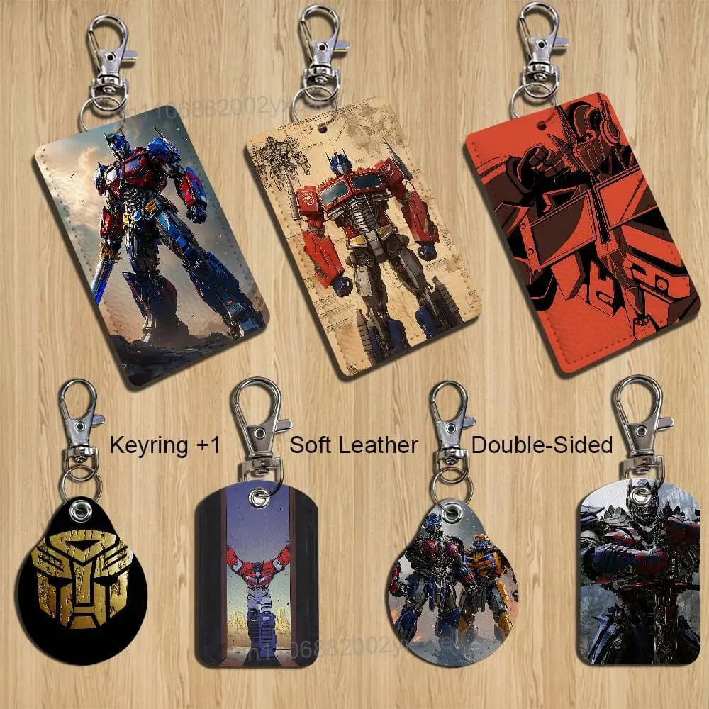 O-Optimus Prime Transformers keychain, suitable for credit cards, transport cards, badge, card holder, wallet, with textured pattern.