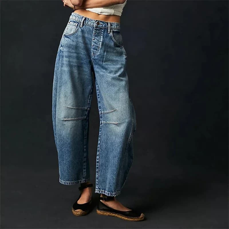 Jeans a vita media elasticizzati alti Jeans in denim a vita media larghi casual da donna a forma di gamba larga