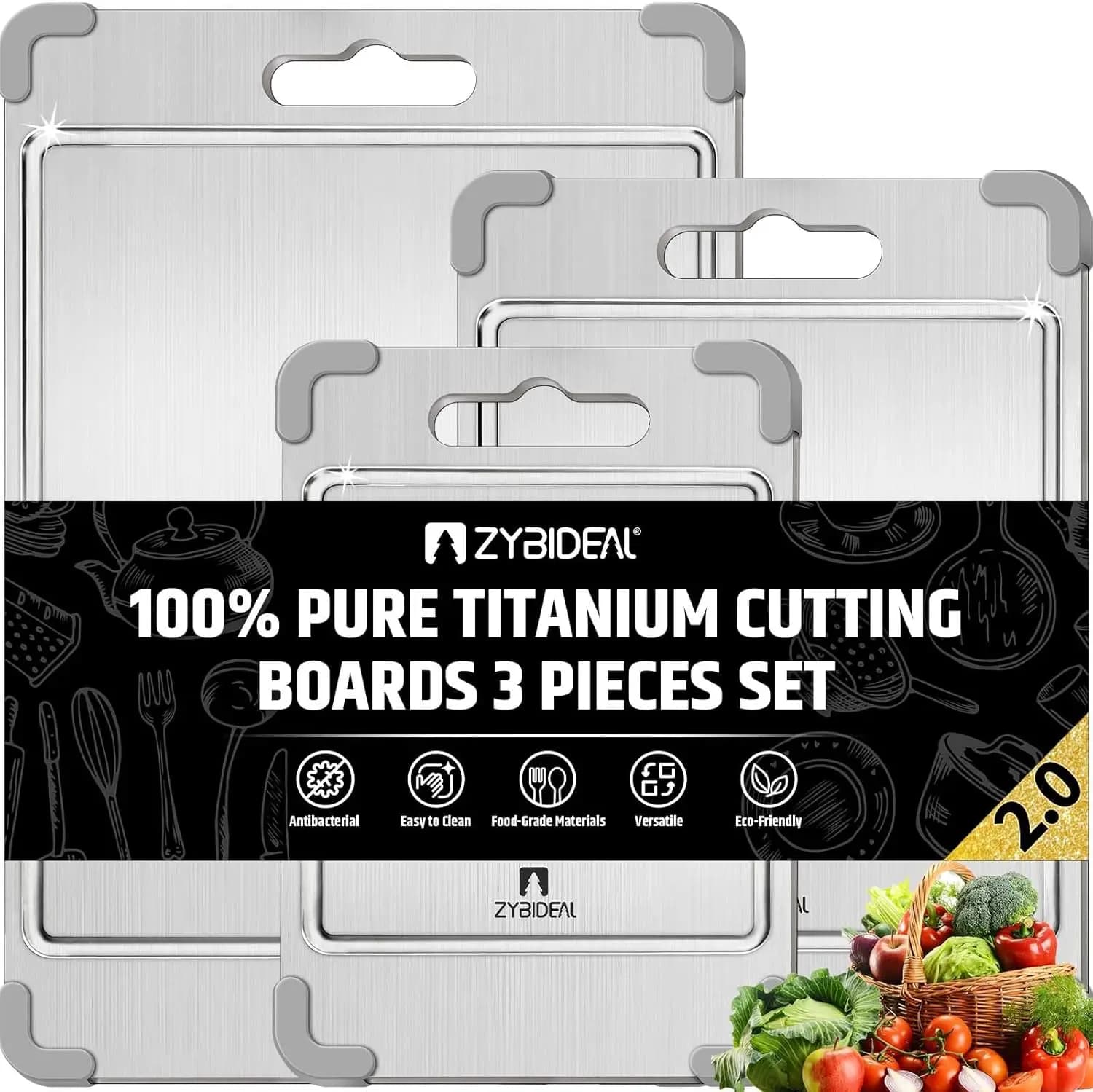 Set of 3 100% Pure Titanium Taglieri with Slot, Updated Version to Double Side, Silicone Anti-slip