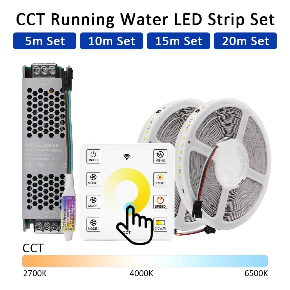 Striscia LED che scorre l'acqua corrente SMD2835 8mm DC24V Doppio nastro flessibile bianco Touch Panel Control Lampada a nastro da caccia 2700K 6500K