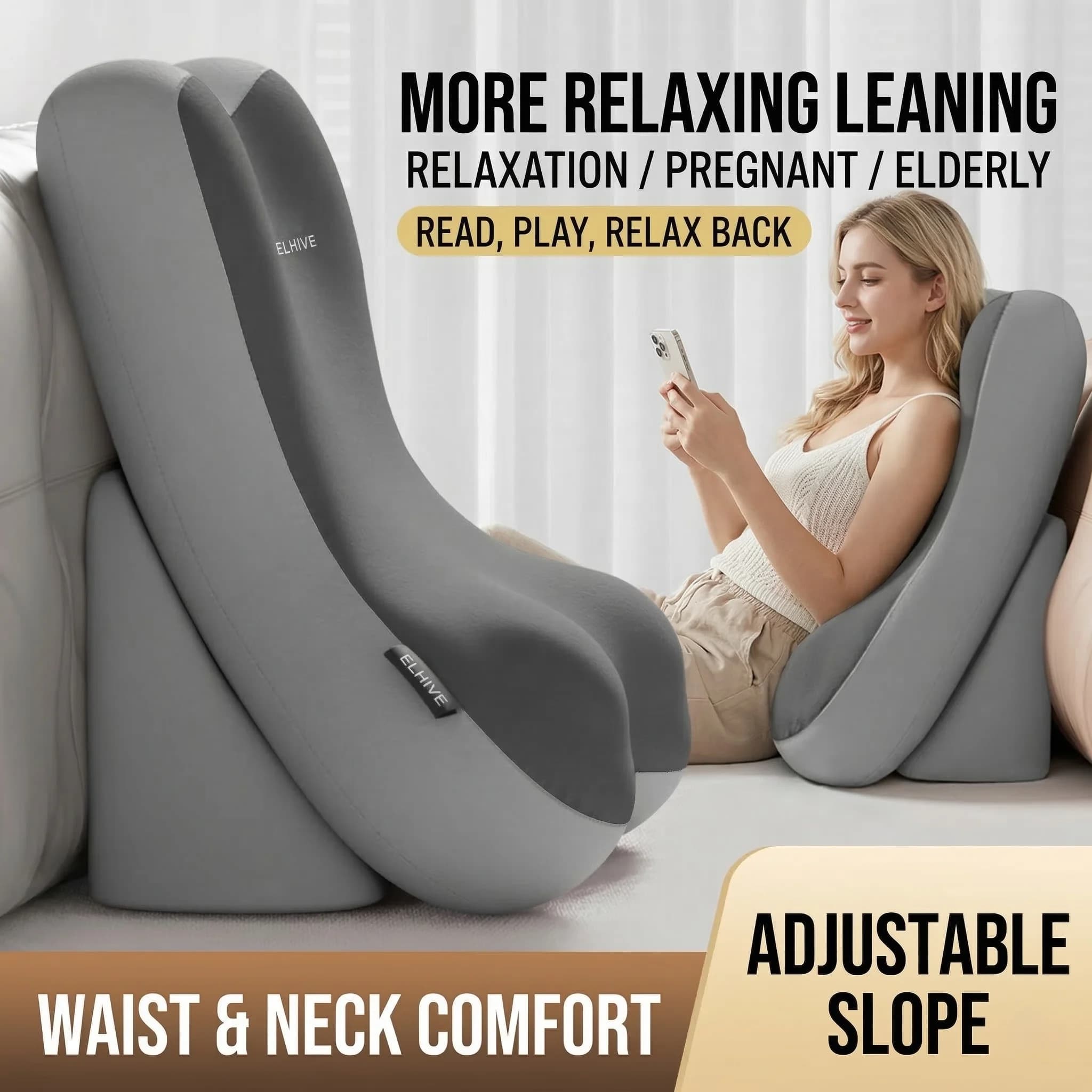 Adjustable Memory Foam Bed Wedge Back Support Pillow, Ergonomic Split 2-Piece Incline Cushion with Non-Slip Bottom, Large Backrest for Bed Sitting Reading Gaming & Neck Lumbar Pain Relief