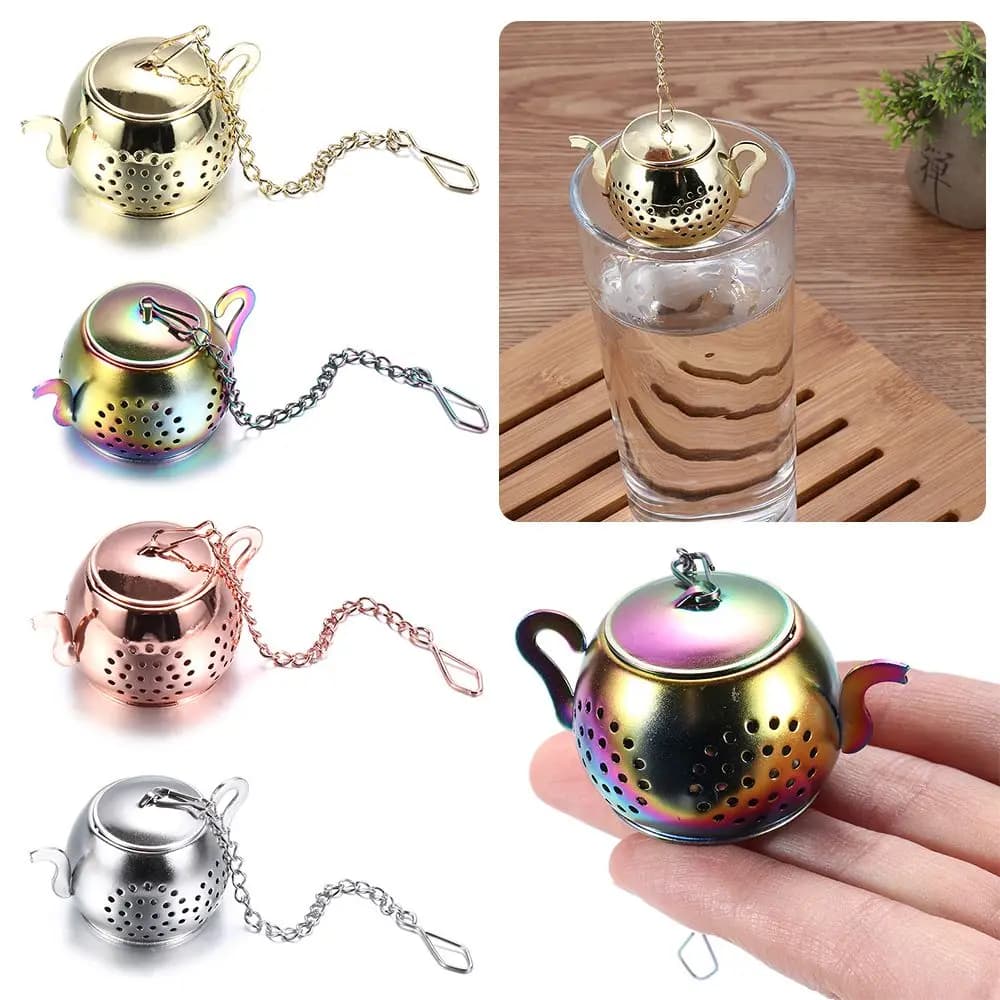 Colino da tè a forma di teiera infusore per tè sfuso in acciaio inossidabile con diffusore di filtri per spezie a base di erbe a catena Gadget da cucina Teaware