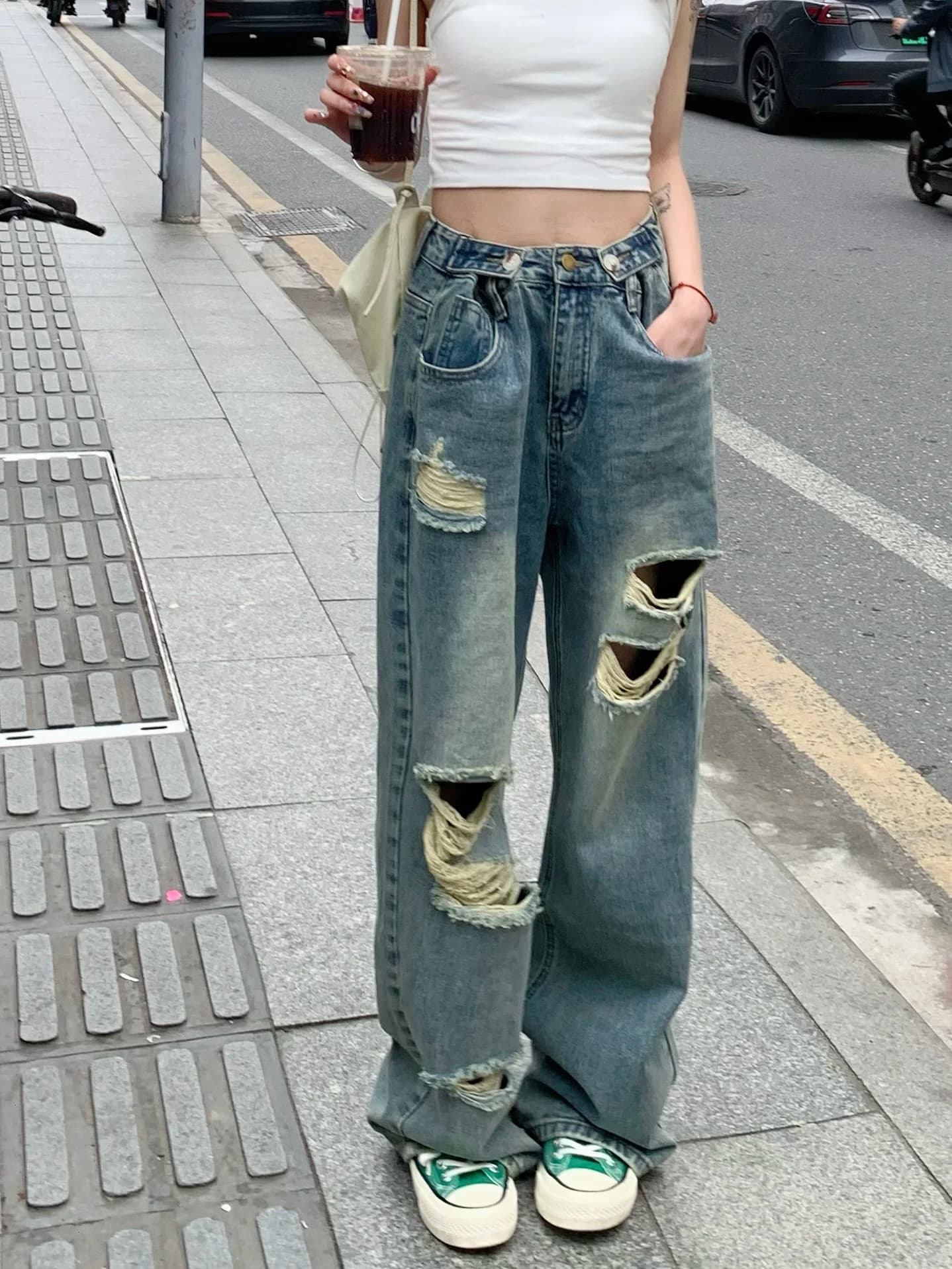 Light Wash Distressed Straight Leg Jeans Women's Spring Autumn plus Size High Waist American Retro Wide Leg Floor Length Pants
