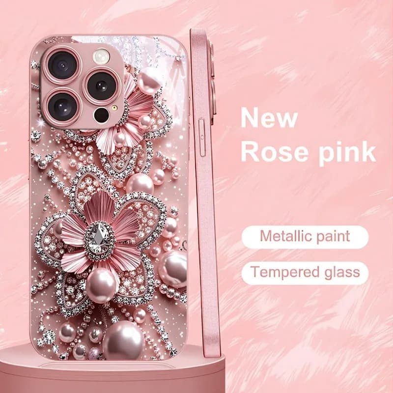Cover per iPhone 17 Pro Max 11 12 13 14 15 16 Plus 17Air 16E in Vetro Metallizzato Rosa con Motivo Floreale Diamantato e Perle Rosa