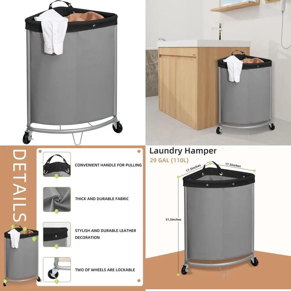 Wooden basket with 110 litre wheels of industrial level with steel frame and removable bag, grey