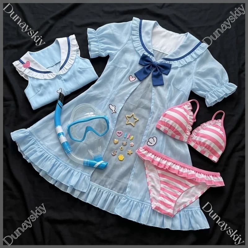 Musese Light Blue Sheer Cover‑up Bikini Set Snorkel Mask Prop Anime Game Dashsh Cosplay Buroro Diver Costume Swimsuit Halloween