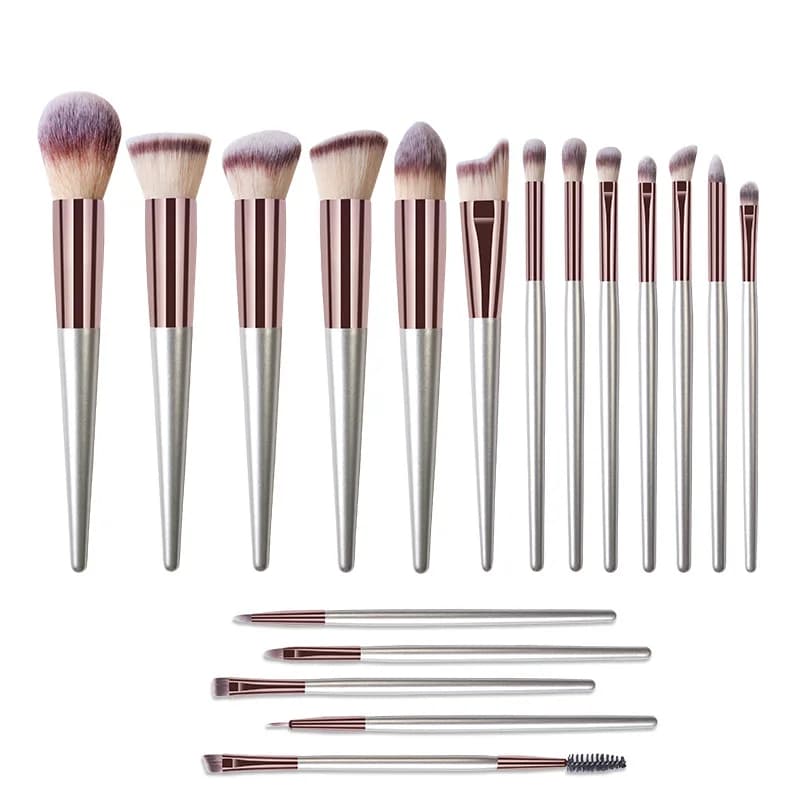 Set di 18 Pennelli per Trucco con Manico in Legno Color Champagne, Pennelli per Ombretto, Borse per Trucco, Strumenti di Bellezza