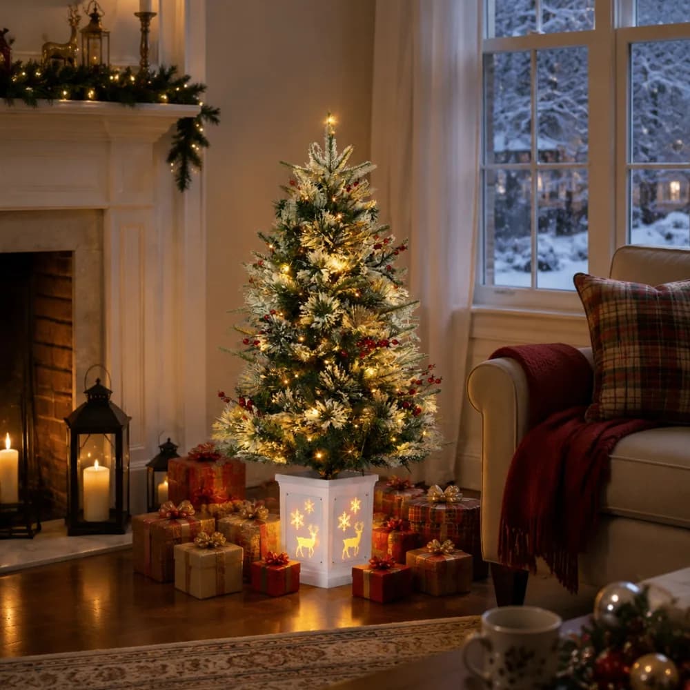 3FT Mini Pre-Lit Artificial Christmas Tree with 78 Warm White Lights & Timer, Snow Flocked Tabletop Xmas Tree with Elk Base, Battery Operated Indoor Holiday Decoration