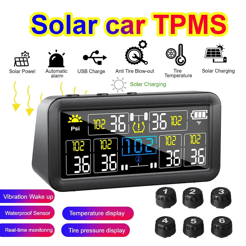 Display LCD digitale TPMS solare 0 ~ 9.9Bar 4/6 Sensori pneumatici Autotruck Sistema di monitoraggio della pressione dei pneumatici Tester di allarme per auto camion RV