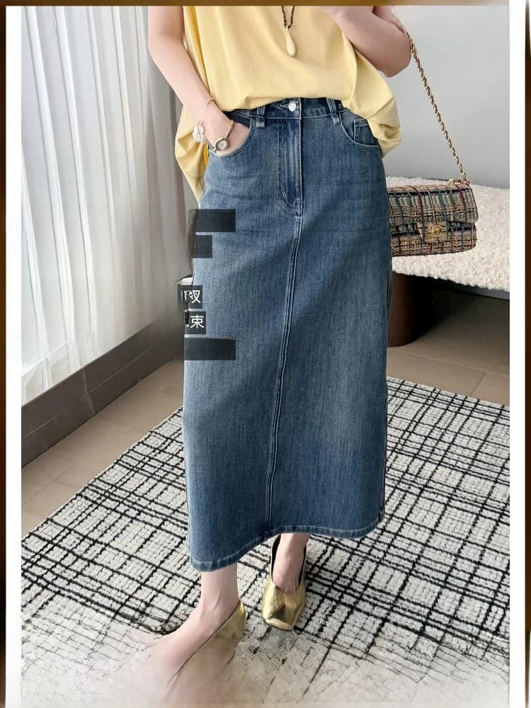 MeiYang Gonna in Denim Snellente a Vita Alta in Cotone Casual con Spacco Posteriore e Design a Inserti, Effetto Modellante, Elasticizzata in Quattro Direzioni