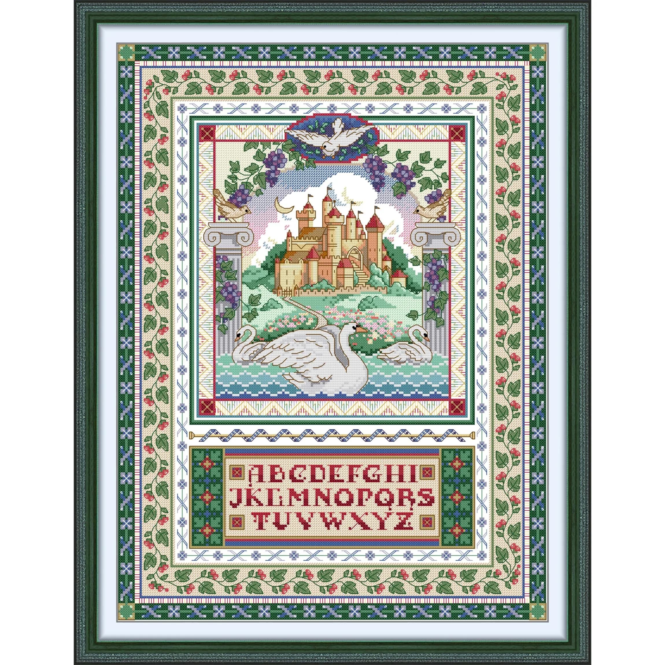 Soulgift News Pre-Printed Cross Stitch Kit, Stamped Aida Fabric with DMC Threads, Embroidery Kit - Swan Castle