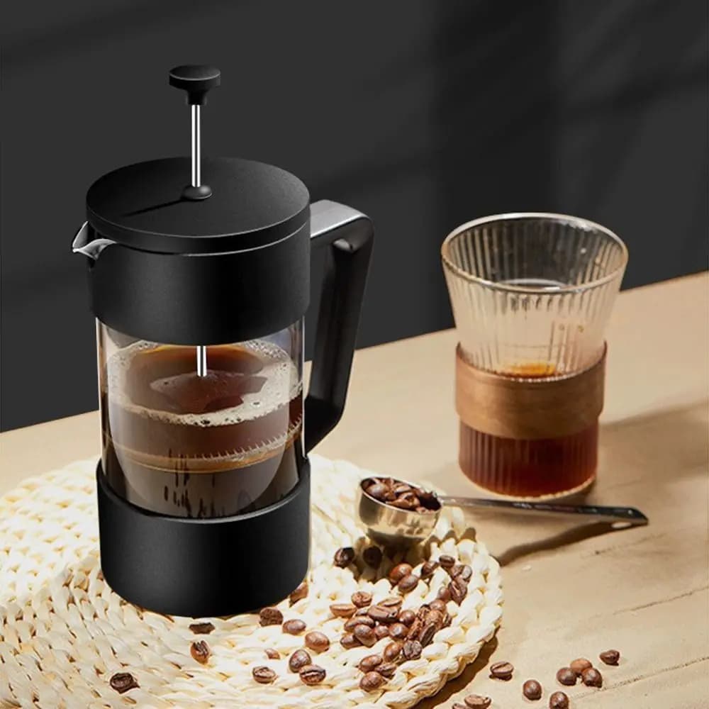 Caffettiera French Press in Vetro Spesso, Antiruggine, Resistente al Calore, con Sistema di Filtrazione Multifunzione