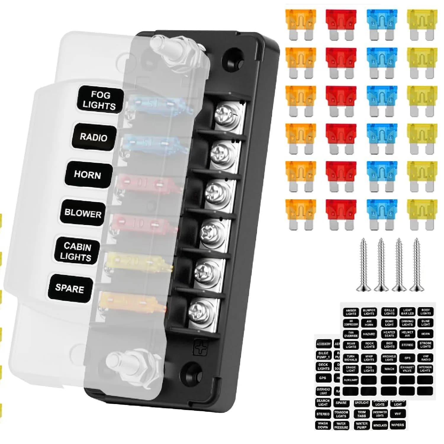 Portafusibili a 6 Vie ATC ATO con Indicatore LED, Blocco Fusibili a Lama per Auto e Nautica con 24 Fusibili ed Etichette per Auto, Barca, Furgone