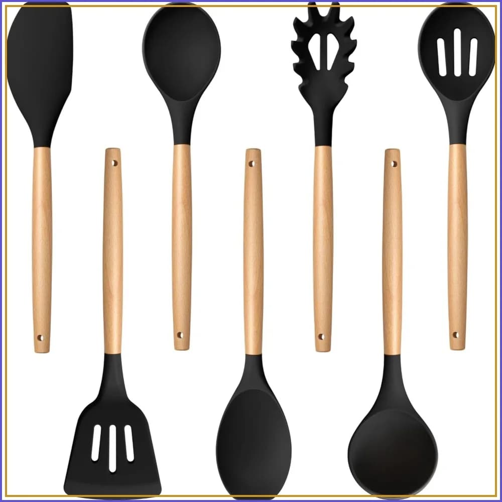 7-Piece Silicone Kitchen Utensils Set with Wooden Handles, Heatproof Cooking Tools for Turning, Mixing & Serving, Non-Stick Safe Black