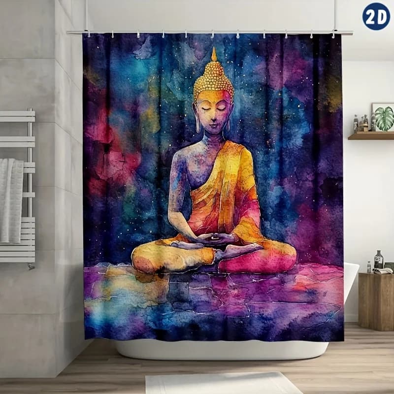 Tenda da doccia vibrante con motivo Buddha e psichedelico, poliestere resistente, facile da pulire, include ganci | Decorazione per il bagno sereno