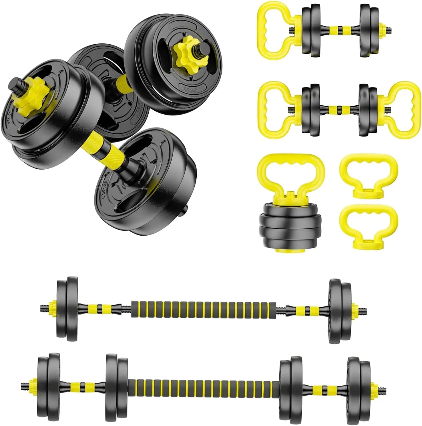 Attrezzatura per Palestra Domestica - Manubri Regolabili in Acciaio, 4 in 1 come Manubrio, Bilanciere, Kettlebell e Supporto per Flessioni, 10 - 90 libbre