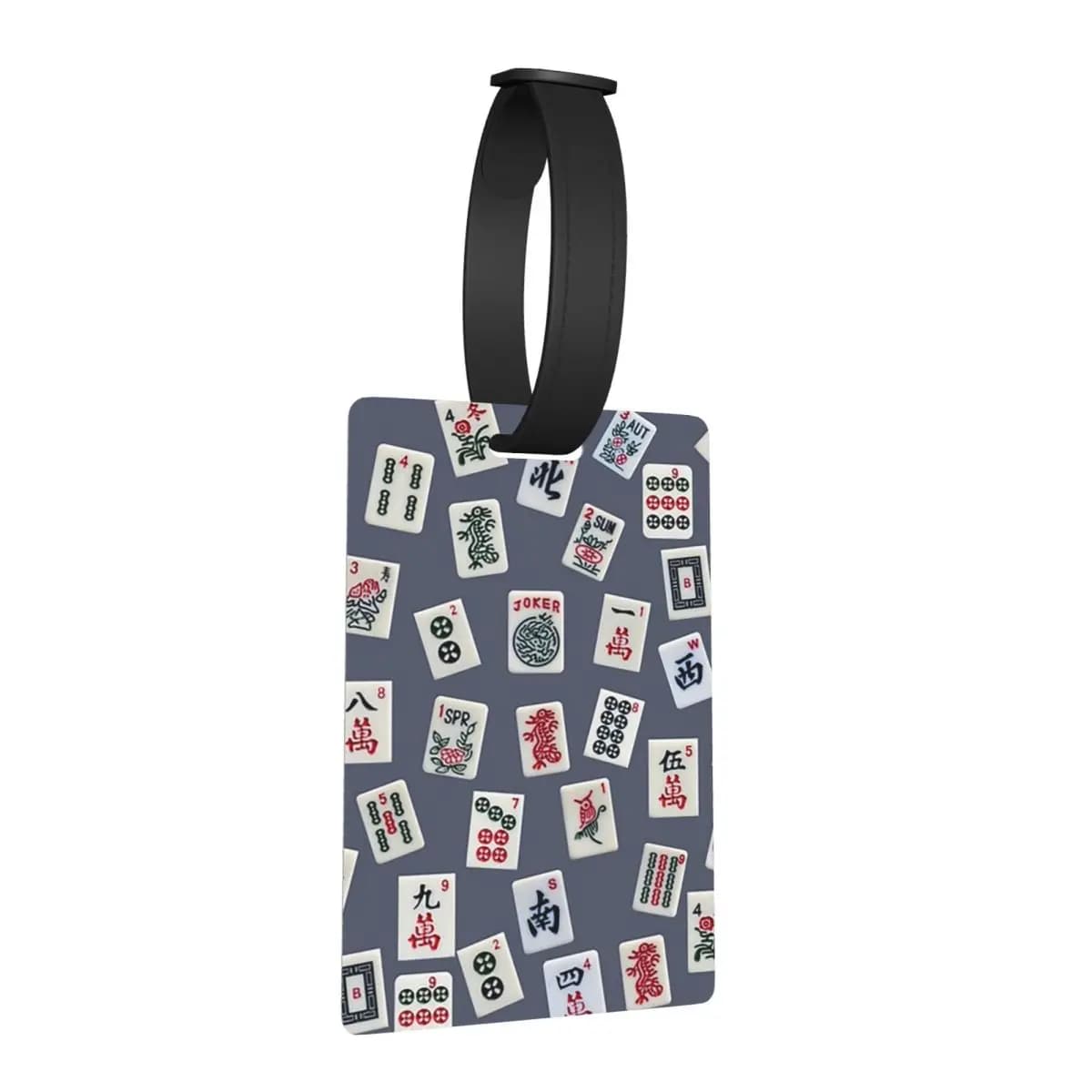 Etichette per bagagli con design a tema Mahjongg su sfondo blu, per valigie, bagagli da viaggio, etichette di imbarco, porta etichette con spazio per ID, nome e indirizzo