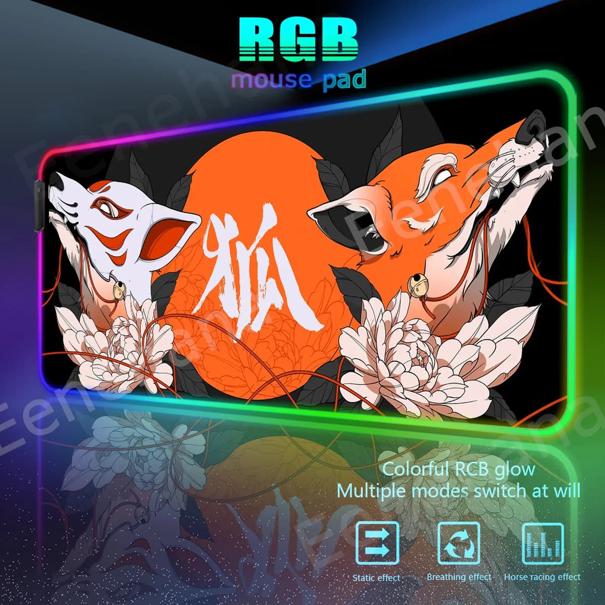 RGB Volpe a nove code Tappetino giapponese Art Light Overlock Mouse Pad LED Xxl Tappetini estesi per computer Accessori per tastiera da gioco per PC di grandi dimensioni