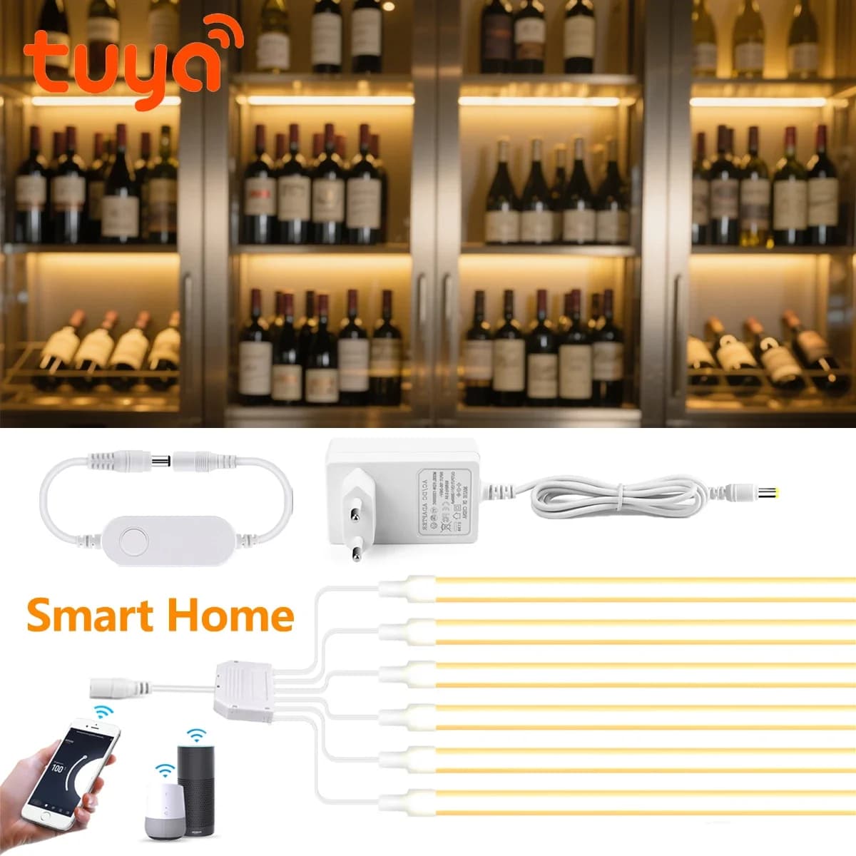 Striscia LED Neon 24V con Controllo WiFi Tramite App Tuya Smart Life, Illuminazione Multistrato per Armadietti 2-6 Pezzi, Dimmerabile, Silenziosa, Decorazione Murale