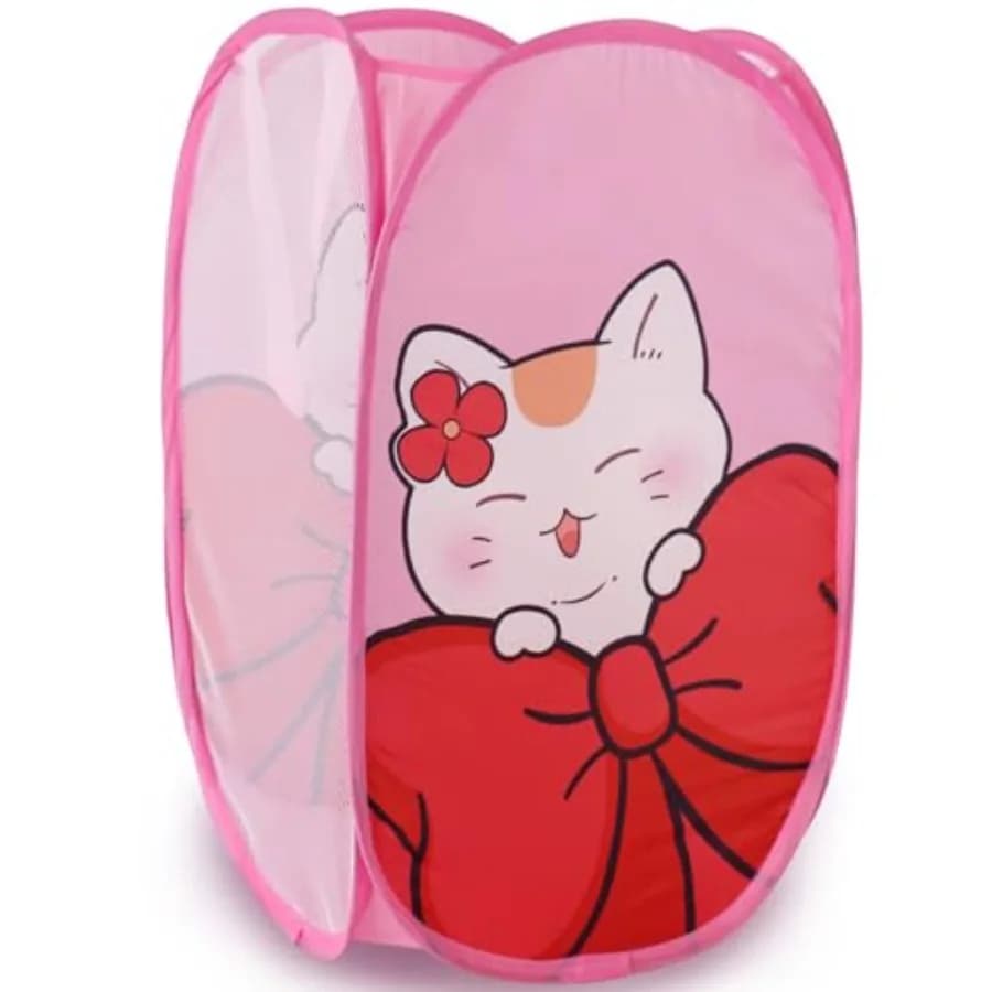 Cute Foldable Laundry Toys Tidy Clothes Socks Basket Storage Bag Pink Kitty Cat