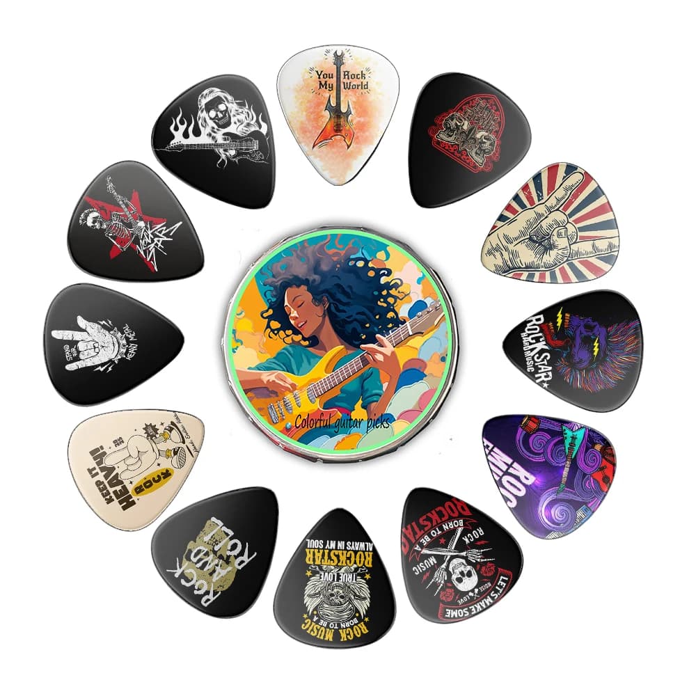 Set di plettri per chitarra stampati colorati unici da 12 pezzi con scatola di metallo Plettri durevoli per accessori per chitarra elettrica e basso regalo