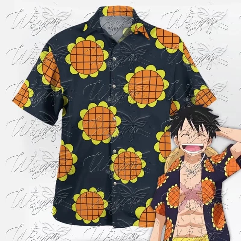 Summer Hot Bandai One Piece Luffy Sunflower Print Quick Dry Beach Button Shirt Unisex Anime Casual Short Sleeve Men Women Y2k