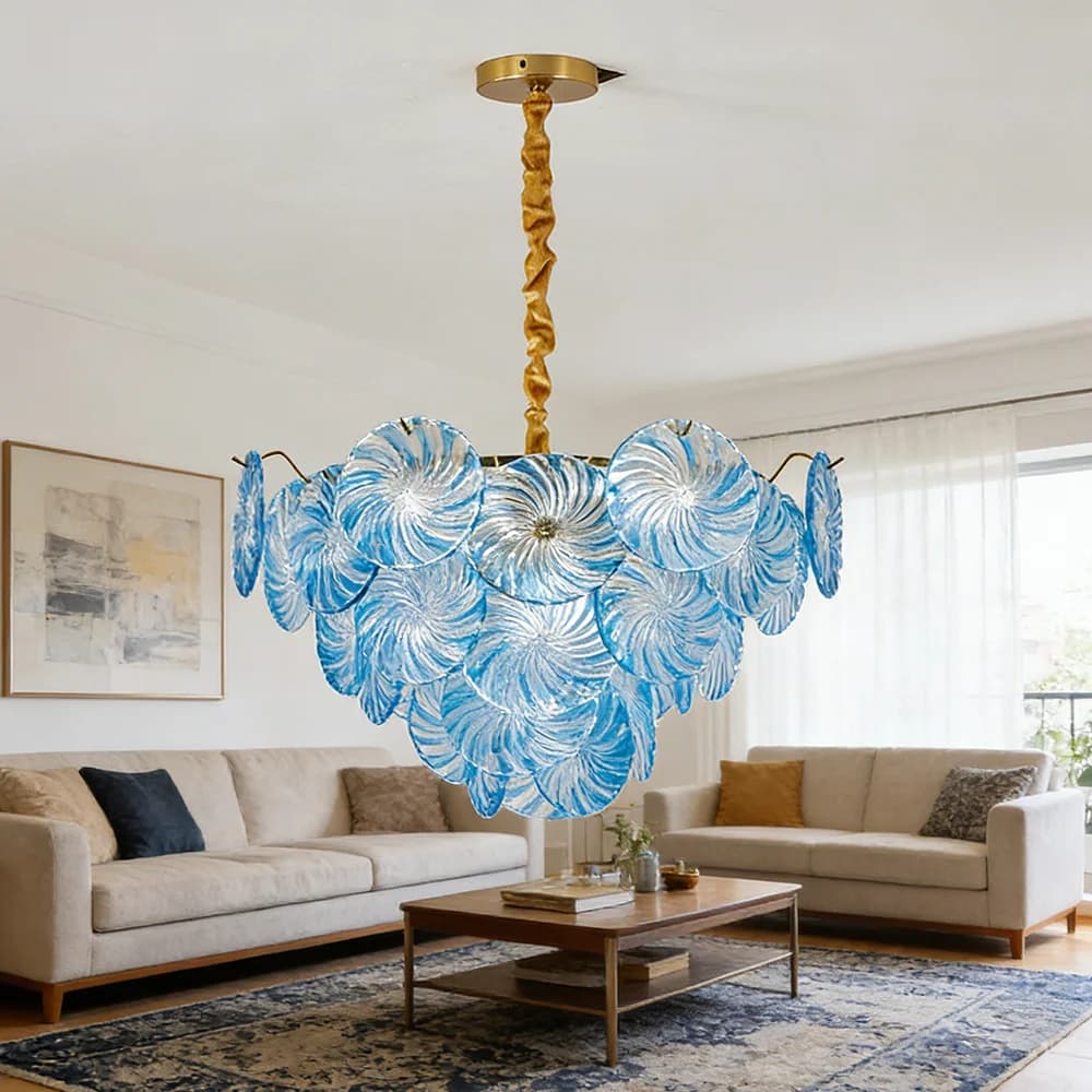 Blue Murano Glass Round Lamp, French Vintage Suspension Lamp More Levels for Living, Dining Room, Loft, Lighting E14