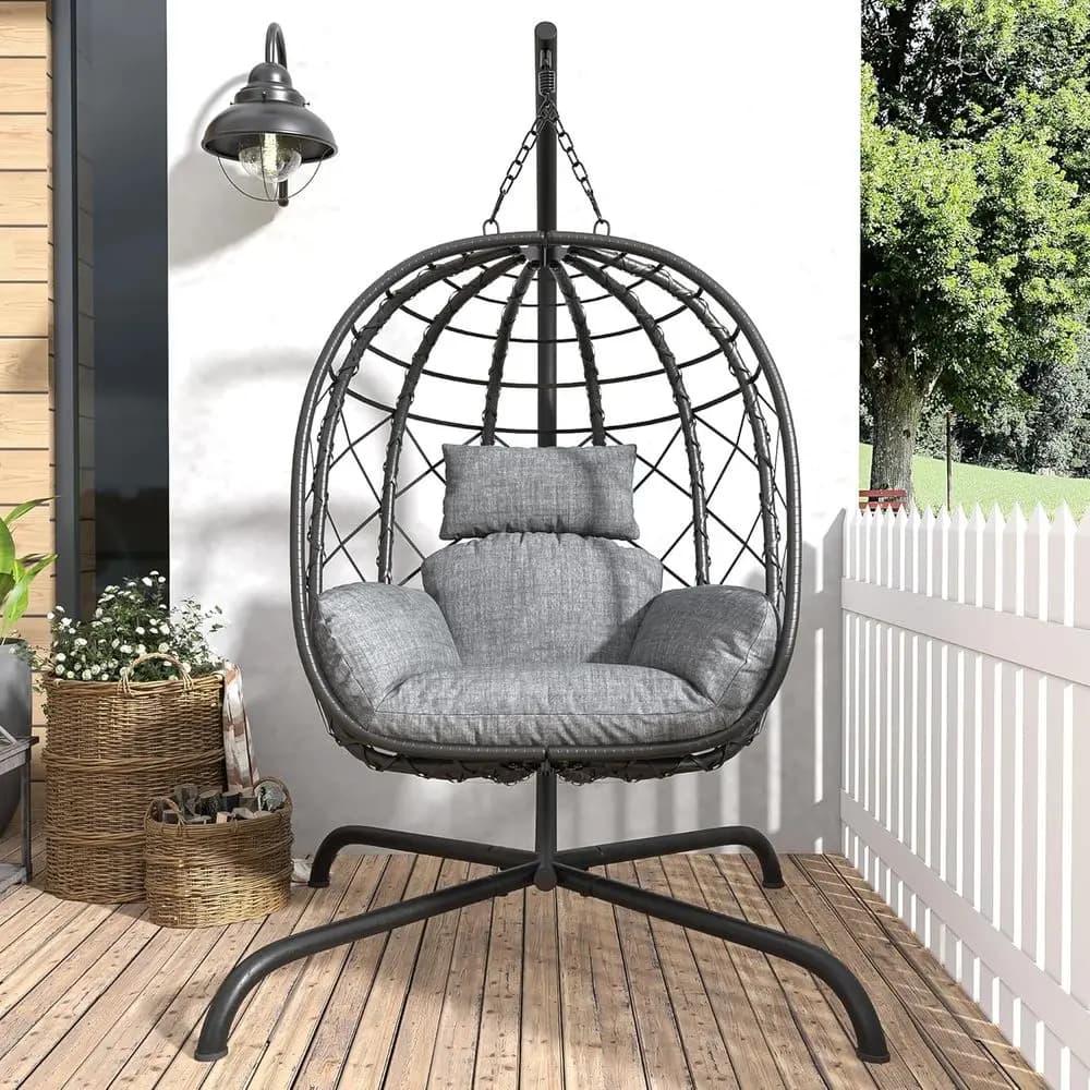 Outdoor Patio Rattan Swing Chair Hammock with Cushion, Suitable for Indoor and Outdoor Use, Supports up to 400lbs
